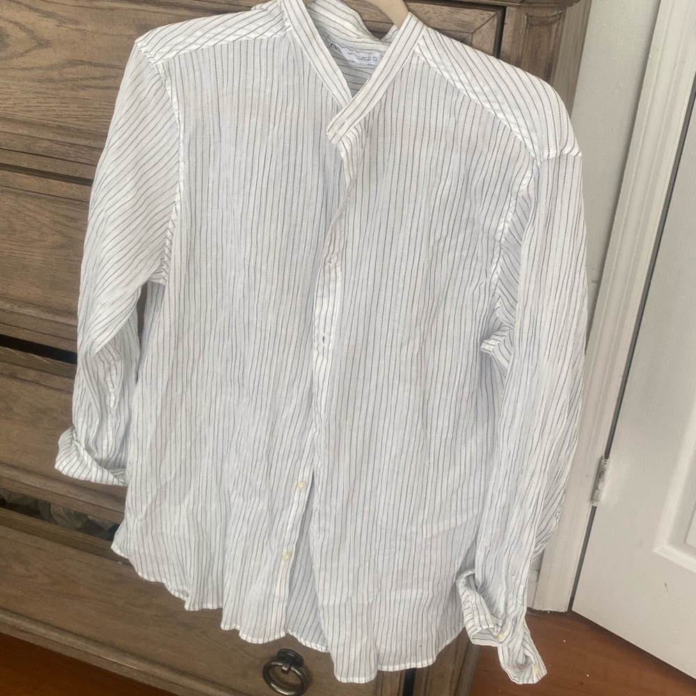 Linen, white, and blue striped shirt